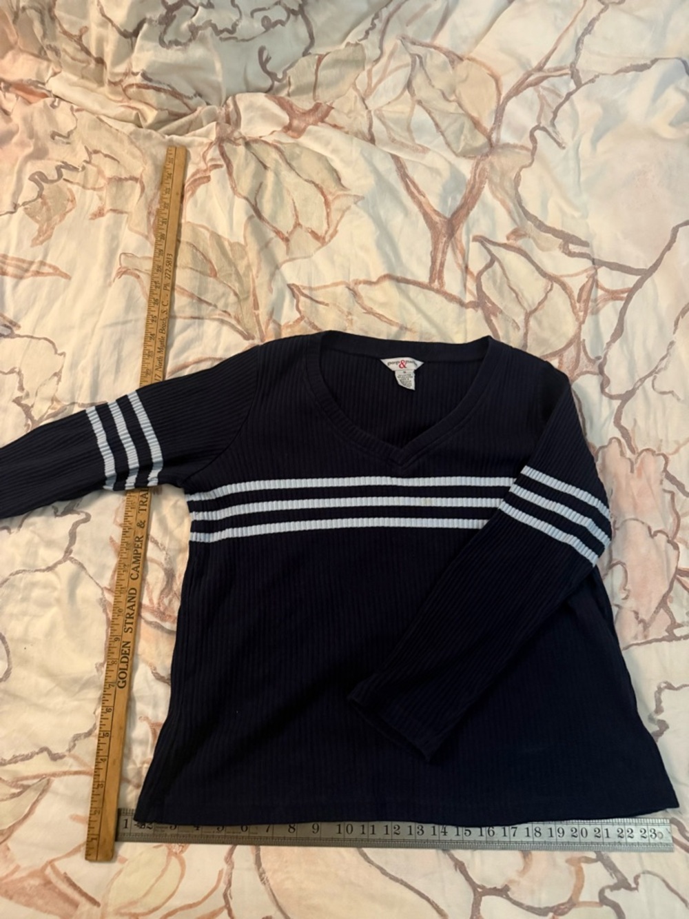 Navy V-Neck Sweater with baby blue Stripes